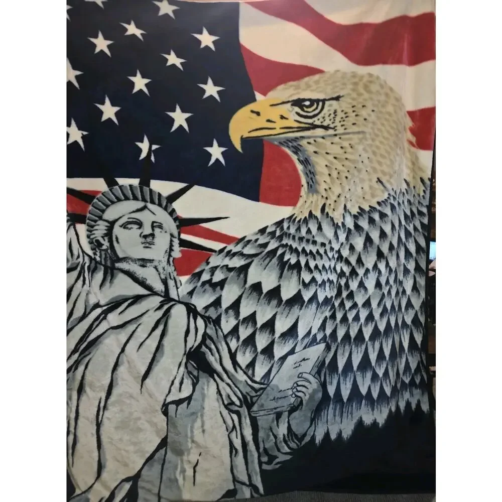 Vintage Eagle Statue Of Liberty Blanket Korea Plush Fuzzy 79”X94” Patriotic USA